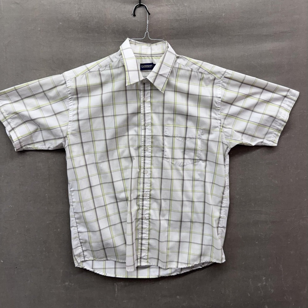 Charisma Shirt Mens Large White Green Plaid Short Sleeve Button Up Pocket Casual